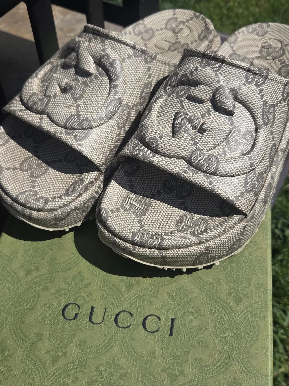 Gucci Gray GG Monogram Platform Slide  - BEIGE /EBONY - GENTLY USED, Womens US 9